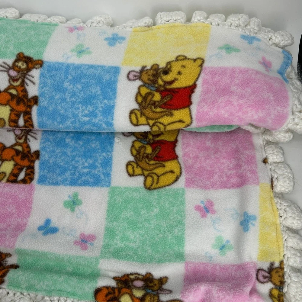 Handmade Winnie the Pooh & Friends Fleece Baby Blanket Reversible Crochet Pastel